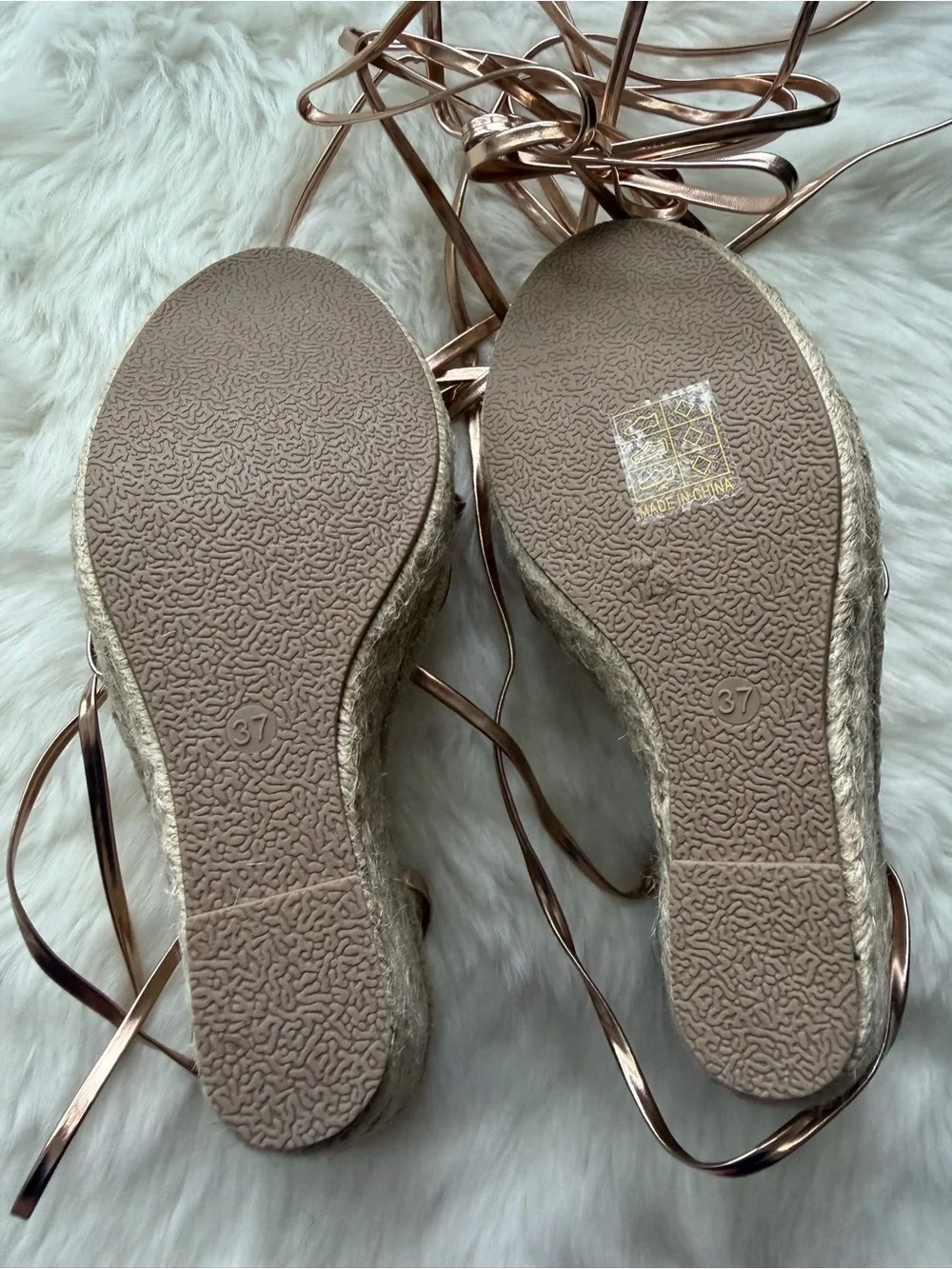 New! Aldo Metallic Rose Gold Espadrille Lace-Up Wedge Sandals